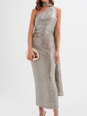Lavish Alice Silver One-Shoulder Sequin Gown